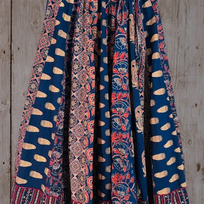 Hand Block Printed Navy Blue Patchwork Cotton Skirt