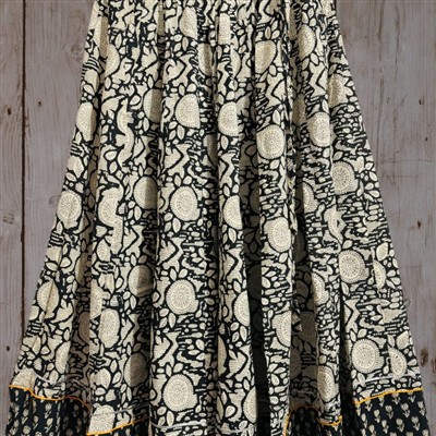 Hand Block Printed Off-White Floral Cotton Skirt with Contrast Hem