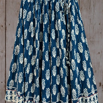 Indigo Floral Hand Block Printed Cotton Pleated Skirt