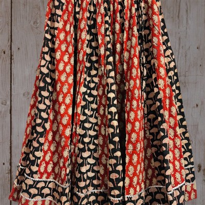 Hand Block Printed Red and Black Cotton Skirt with Floral Embroidery