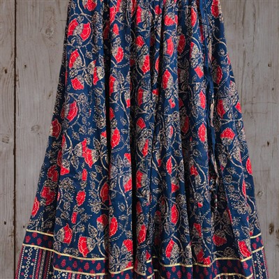 Navy Floral Hand Block Printed Cotton Maxi Skirt