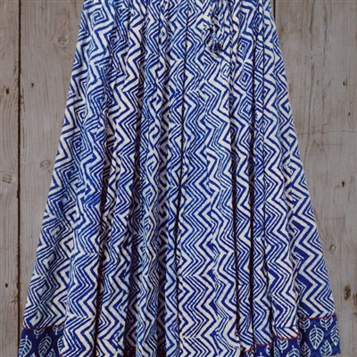 Hand Block Printed Blue Zigzag Cotton Maxi Skirt