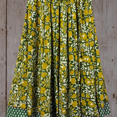 Hand Block Printed Green and Yellow Floral Cotton Skirt with Elastic Waistband