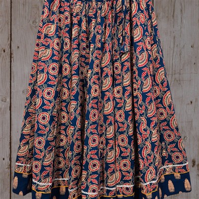 Indigo Floral Hand Block Printed Cotton Skirt with Leaf Border Design