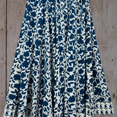 Hand Block Printed Blue Floral Cotton Skirt with Decorative Border