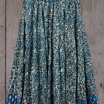 Indigo Block Printed Cotton Maxi Skirt with Red Accents