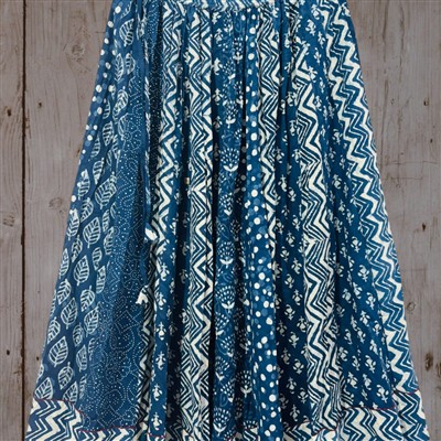 Indigo Floral Hand Block Printed Cotton Skirt with Zigzag Hemline