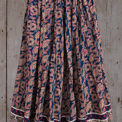 Hand Block Printed Dark Blue Cotton Skirt with Floral Border
