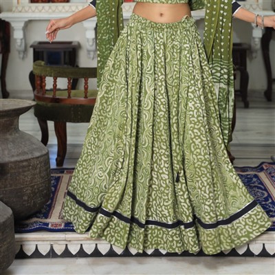 Hand Block Printed Olive Green Cotton Lehenga Skirt with Black Border Detail