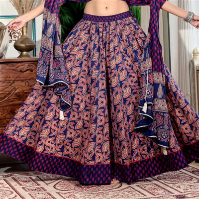 Indigo Paisley Hand Block Printed Cotton Lehenga Set
