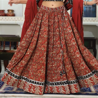 Hand Block Printed Crimson Floral Cotton Skirt