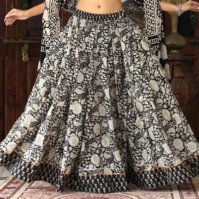 Black Floral Hand Block Printed Cotton Maxi Skirt