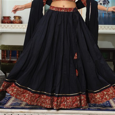 Golden Border Red Floral Cotton Lehenga Skirt