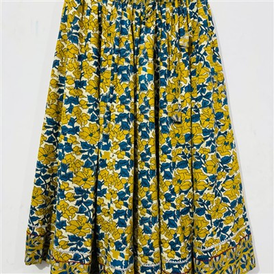 Hand Block Printed Yellow and Blue Cotton Floral Skirt