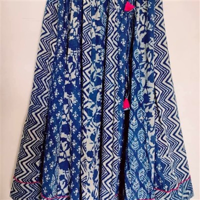 Indigo Hand Block Printed Cotton Skirt with Pink Tassel Detail