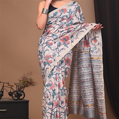 Golden Border Floral Chanderi Silk Saree Set