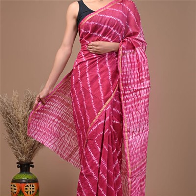 Magenta Tie-Dye Silk Chanderi Saree with Golden Border
