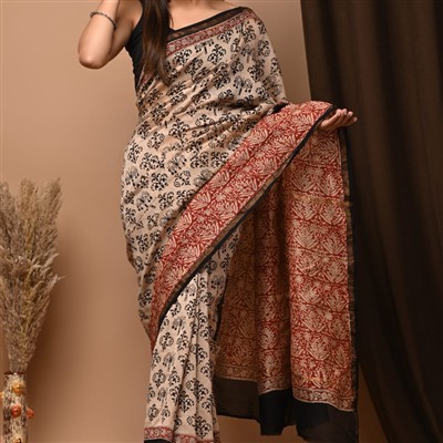 Chanderi Silk Floral Border Saree Set