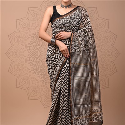 Golden Grid Hand Block Silk Saree Chevron Floral Design