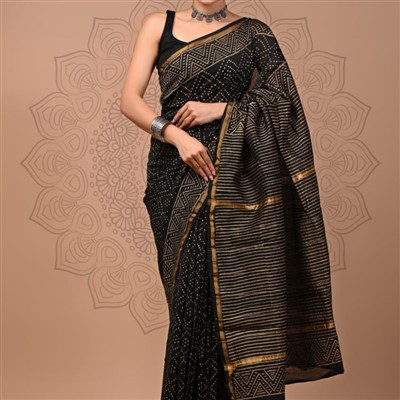 Golden Geometric Chanderi Silk Saree with Matching Blouse Piece