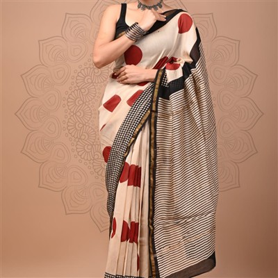 Hand Block Printed Chanderi Silk Saree in Cream and Red Polka Dots