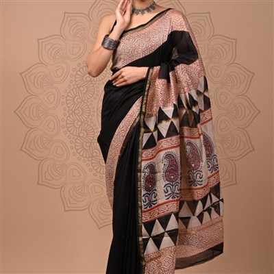 Golden Trimmed Black Chanderi Silk Saree with Red and Blue Geometric Patterns