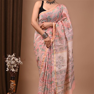 Chanderi Silk Peach Blossom Floral Saree Set