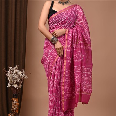 Golden Border Pink Chanderi Silk Saree with White Floral Patterns