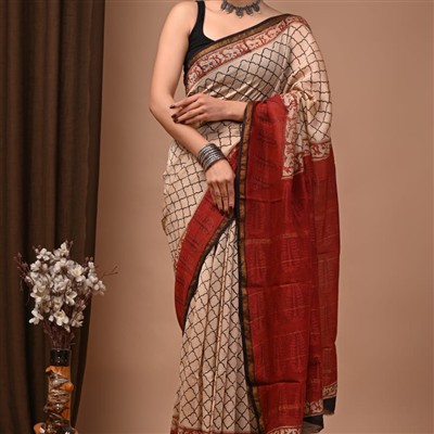 Hand Block Printed Chanderi Silk Saree in Crimson and Gold Geometric Elegance