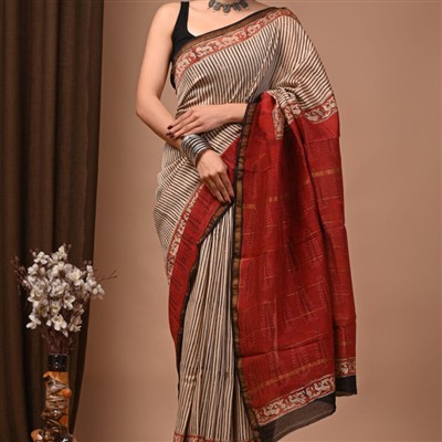 Crimson Striped Chanderi Silk Saree with Traditional Motifs