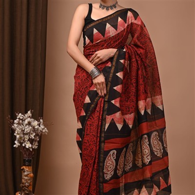 Geometric Black and Red Chanderi Silk Saree with Paisley Motif