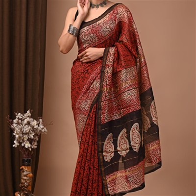 Hand Block Printed Beige Paisley Chanderi Silk Saree
