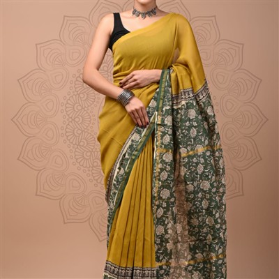 Hand Block Printed Chanderi Silk Saree in Mustard Yellow and Dark Green Floral Contrast