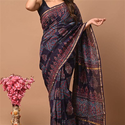 Hand Block Printed Chanderi Silk Saree in Navy Blue and Gold Border