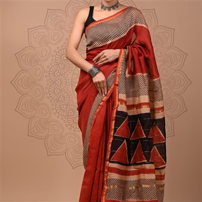 Rustic Geometric Chanderi Silk Saree with Golden Accents