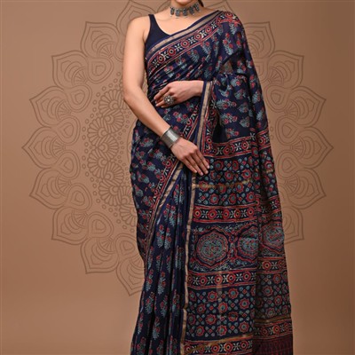 Hand Block Printed Chanderi Silk Saree in Indigo and Crimson Floral Motifs