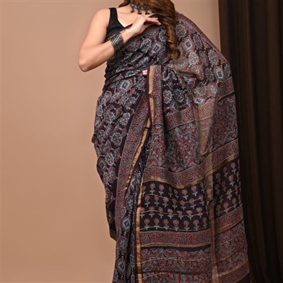 Indigo Floral Chanderi Silk Saree with Gold Border