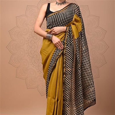Hand Block Printed Chanderi Silk Mustard Black Saree with Polka Dot Borders