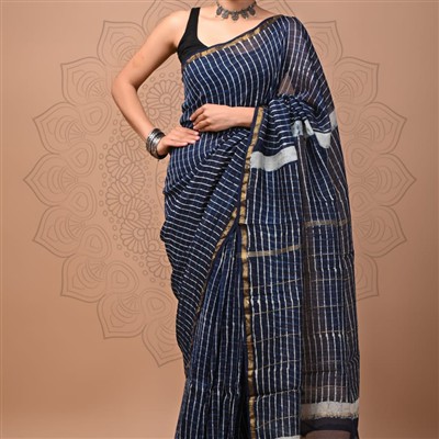 Golden Border Navy Blue Chanderi Silk Saree Handcrafted Elegance