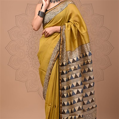 Mustard Zigzag Chanderi Silk Saree with Beige Triangles