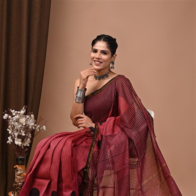 Hand Block Printed Black Grid Chanderi Silk Saree Set