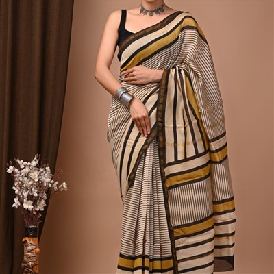 Mustard Striped Chanderi Silk Saree with Elaborate Pallu