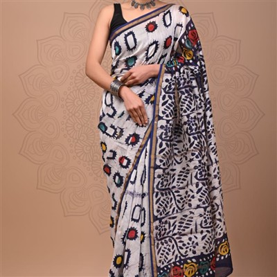 Hand Block Printed Chanderi Silk Saree in Navy Floral Symphony