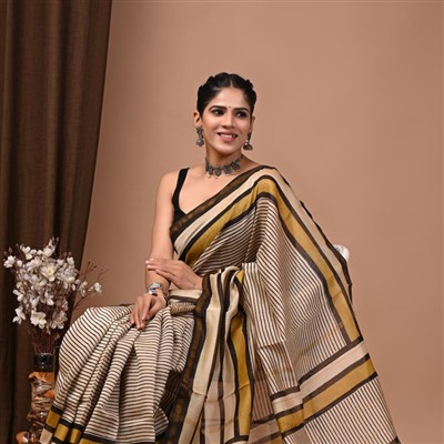 Hand Block Printed Chanderi Silk Saree in Mustard and Black Stripes