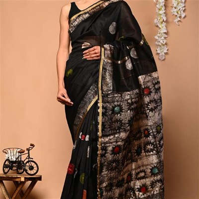 Golden Border Floral Chanderi Silk Saree Set