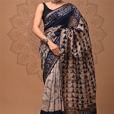 Navy Blue Tie-Dye Chanderi Silk Saree with Floral Block Print