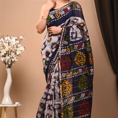 Golden Grid Hand Block Chanderi Silk Saree