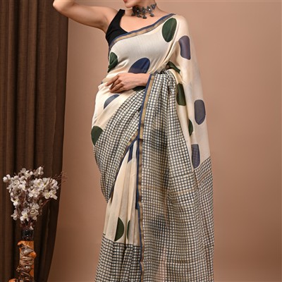Hand Block Printed Navy Blue and Green Chanderi Silk Saree with Checkered Detail