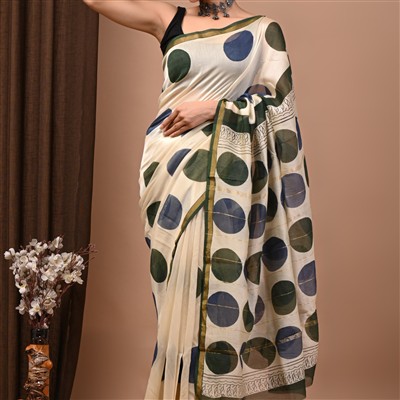 Hand Block Printed Dark Green & Navy Chanderi Silk Saree