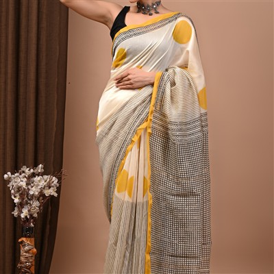 Mustard Grid Chanderi Silk Saree with Black Polka Dots